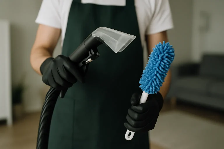 Mains gantées utilisant des outils de nettoyage dans une pièce en cours de traitement.