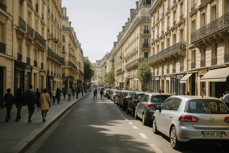Rue de Paris animée, voitures stationnées et piétons, immeubles haussmanniens