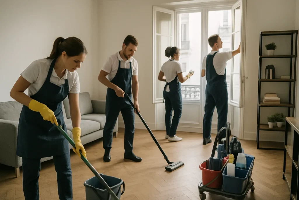 Équipe de nettoyage travaillant dans un appartement à Paris, lumière du jour