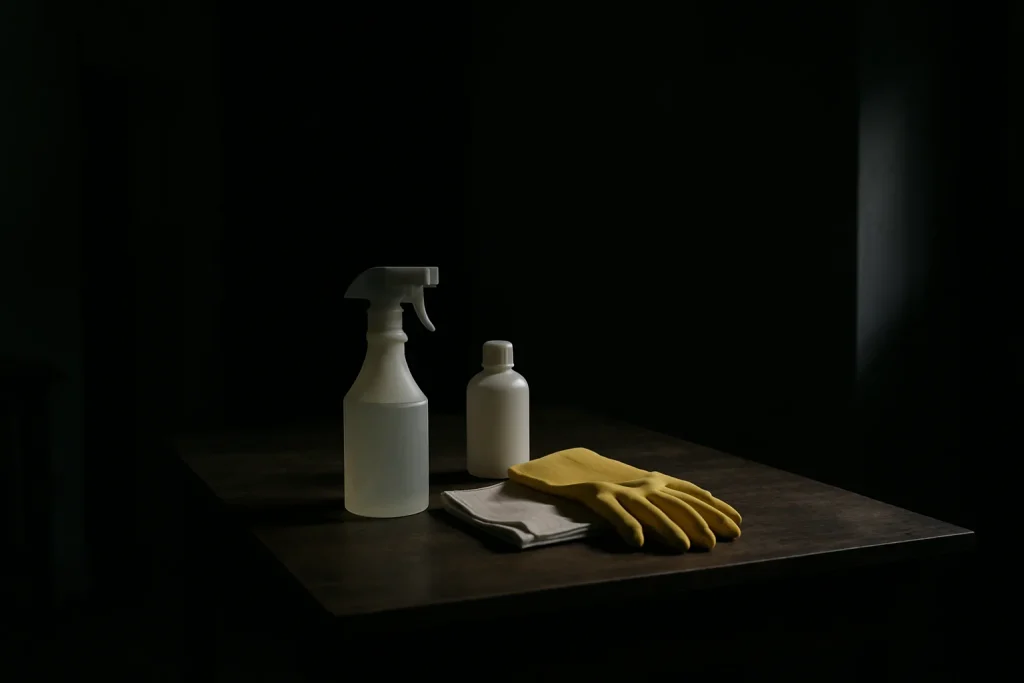 Table avec des outils de nettoyage sous une lumière unique, ambiance sombre et mystérieuse.