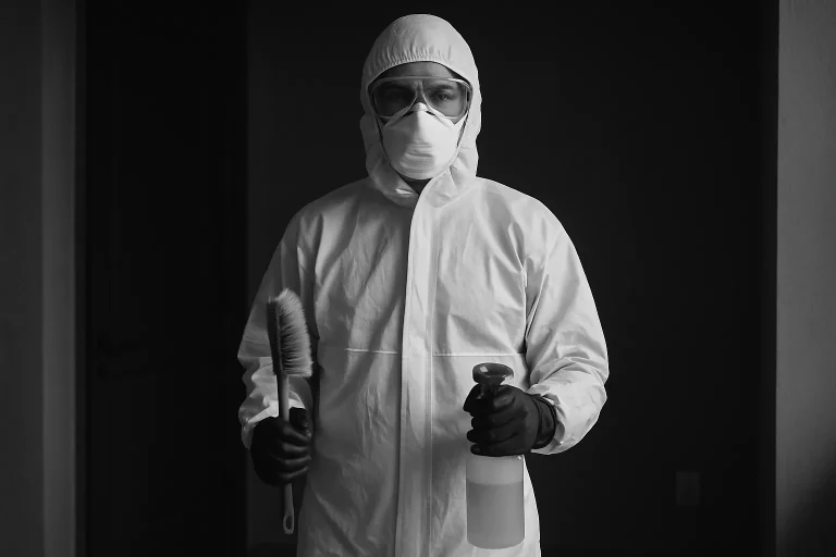 Technicien en tenue de protection intégrale effectuant un nettoyage dans une pièce sombre