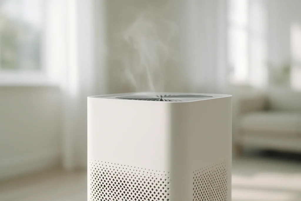 Purificateur d'air moderne fonctionnant dans une pièce lumineuse.