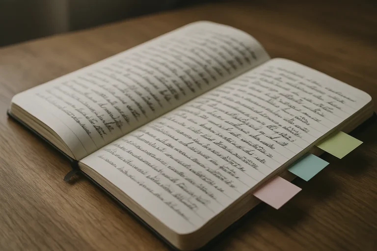Carnet de notes ouvert avec notes manuscrites et post-it colorés pour une enquête pré-nettoyage après décès.