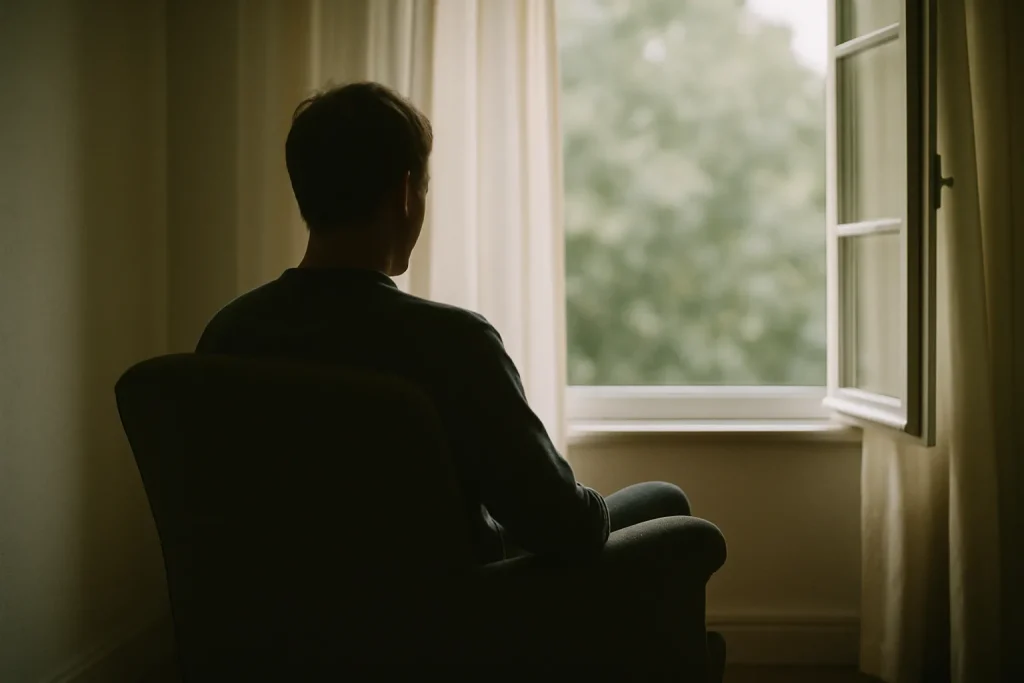 Silhouette floue d'une personne assise face à une fenêtre, lumière douce