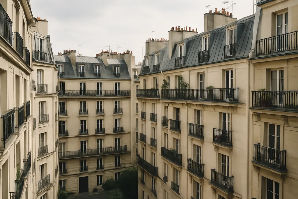 Cour parisienne avec balcons, lumière douce, ambiance paisible.