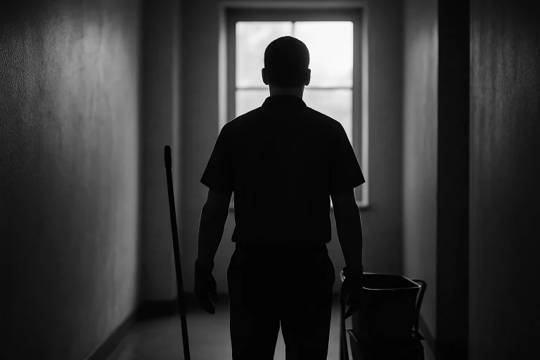 Silhouette de dos d'un professionnel du nettoyage dans un couloir sombre, lumière douce.