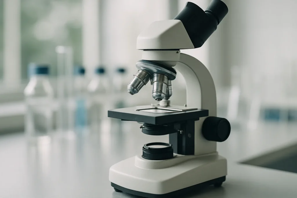 Microscope moderne sur une paillasse de laboratoire avec flacons en arrière-plan.