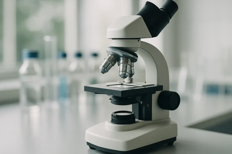 Microscope moderne sur une paillasse de laboratoire avec flacons en arrière-plan.