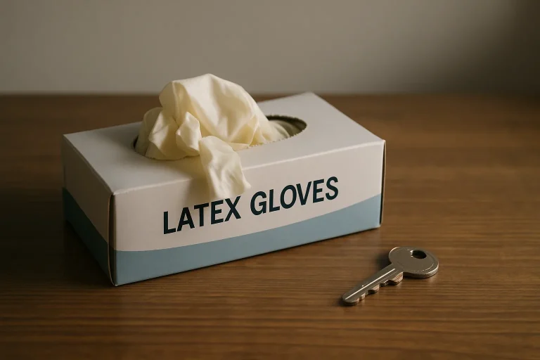 Boîte de gants et clé sur une table en bois, lumière douce.