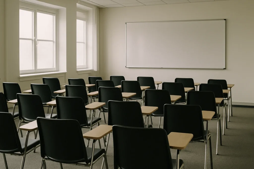 Salle de formation avec chaises et tableau blanc, lumière douce, ambiance studieuse