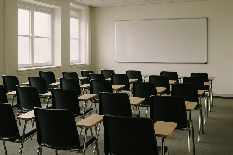 Salle de formation avec chaises et tableau blanc, lumière douce, ambiance studieuse