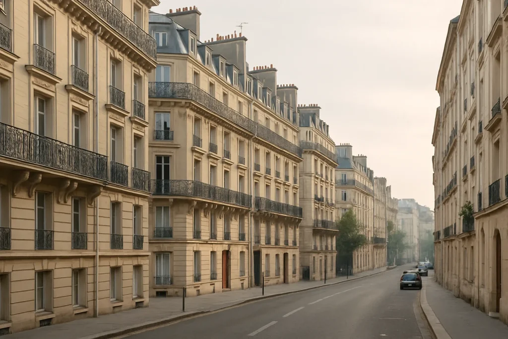 Vue d'une rue parisienne au petit matin avec bâtiments anciens et lumière douce
