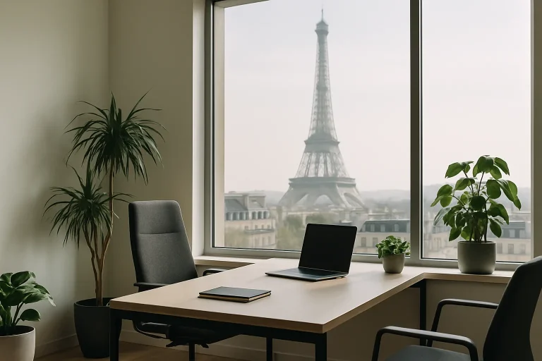 Bureau moderne avec vue sur la Tour Eiffel, plantes et meubles contemporains.