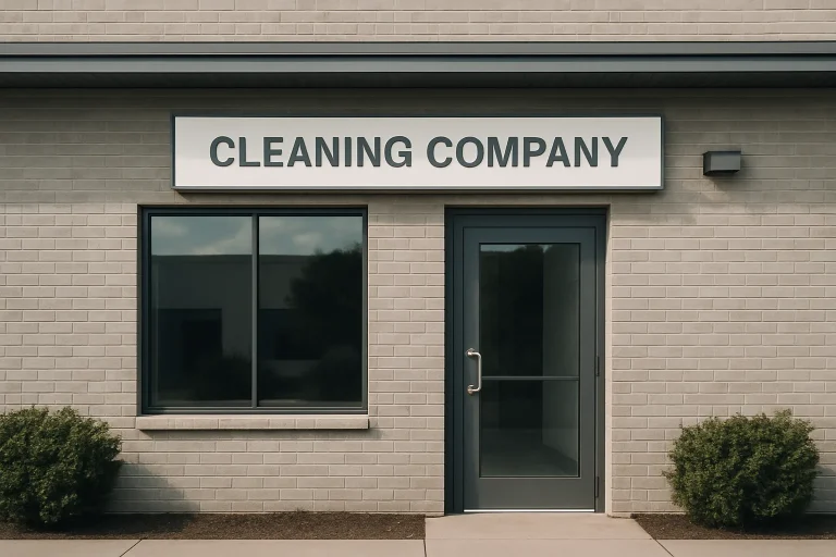 Façade d'une entreprise de nettoyage avec enseigne visible à la lumière du jour