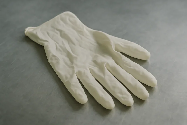 Gros plan sur des gants en latex sur une surface métallique, lumière naturelle