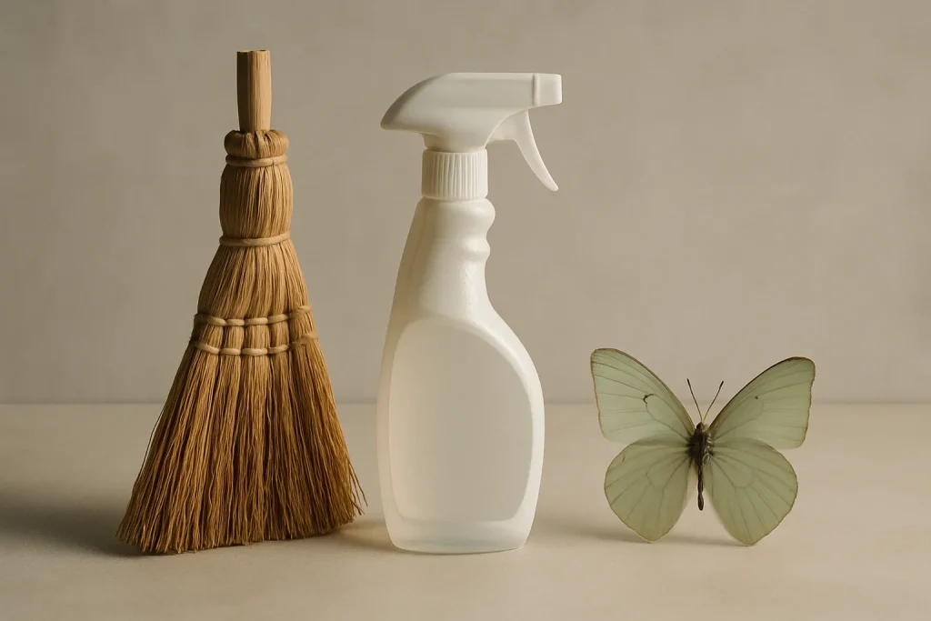 Objets symboliques représentant le nettoyage et le renouveau après un décès, lumière douce.