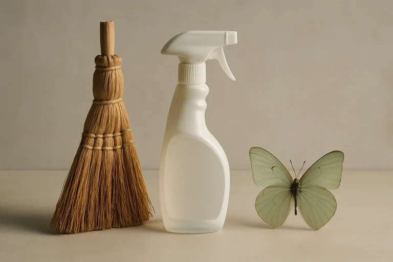 Objets symboliques représentant le nettoyage et le renouveau après un décès, lumière douce.