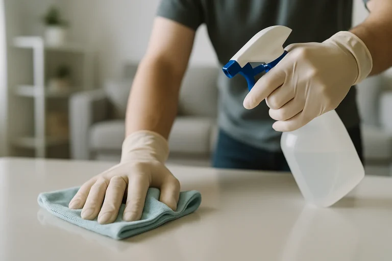 Mains gantées nettoyant une surface avec un chiffon et un produit.