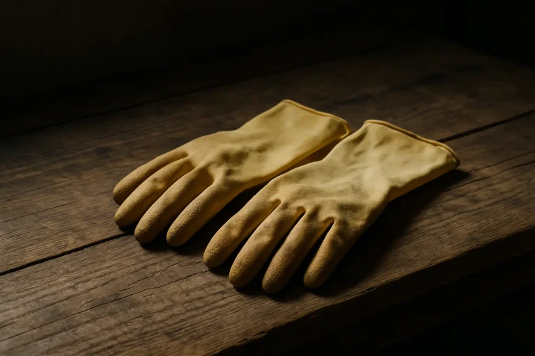 Paire de gants en caoutchouc usés sur une table en bois, lumière douce.