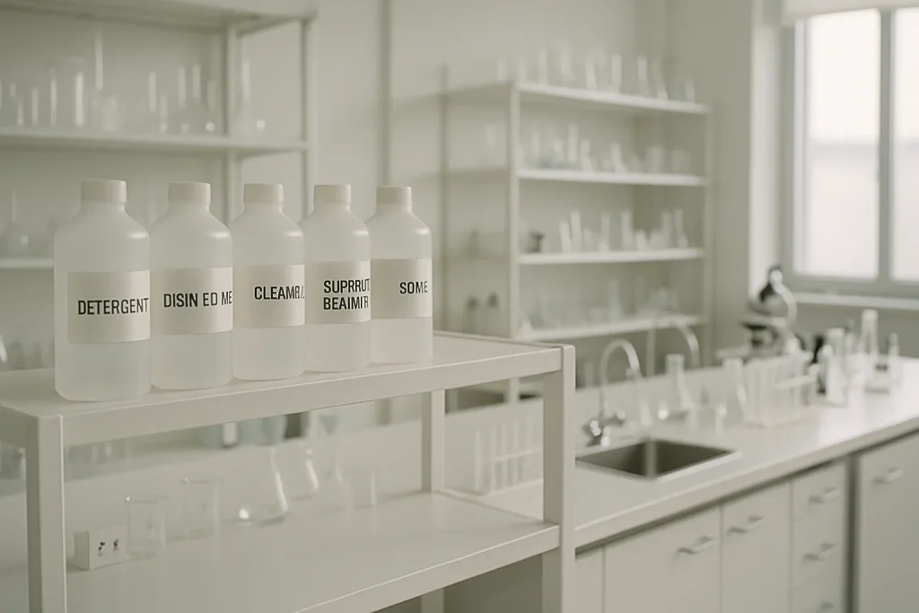 Flacons de produits de nettoyage sur une étagère dans un laboratoire bien éclairé.