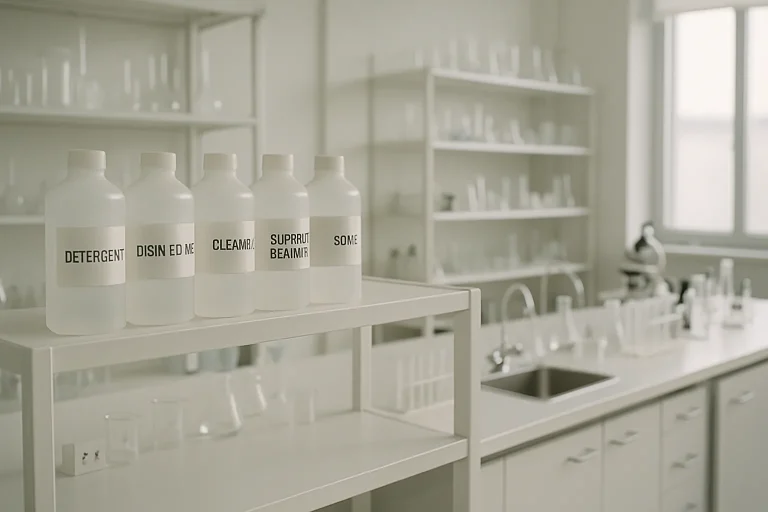 Flacons de produits de nettoyage sur une étagère dans un laboratoire bien éclairé.