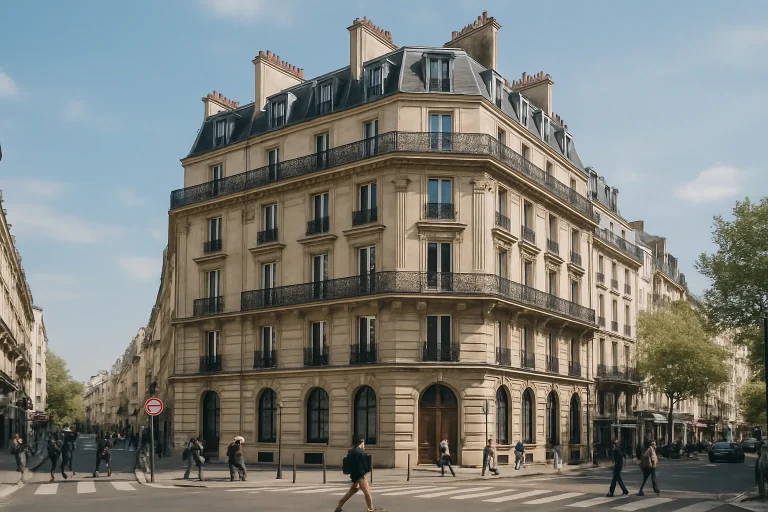 Immeuble haussmannien à Paris sous un ciel bleu, passants en mouvement.